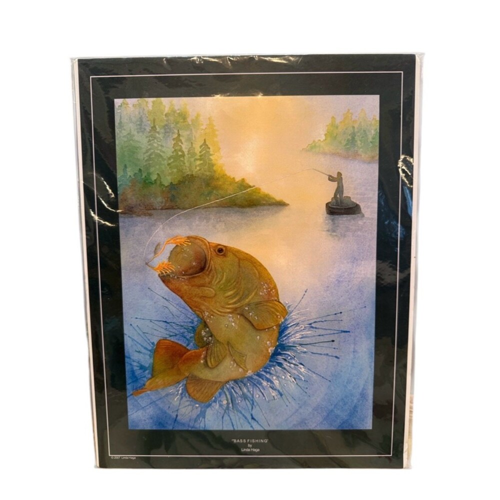 Vintage Bass Fishing Print Poster by Linda Haga 11x14 Man Cave Cabin Decor
